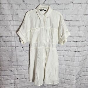 Zara Womens Size L Dress Cinched Button Down Up Shirt Blouse Top Tunic Mini